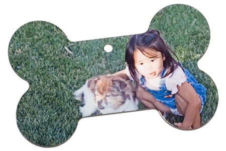 Dog Bone Ornament with Little Girl and Small Dog