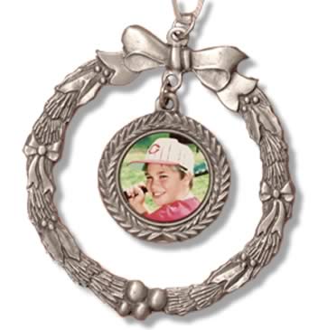 Pewter Wreath Tree Ornament with Photo